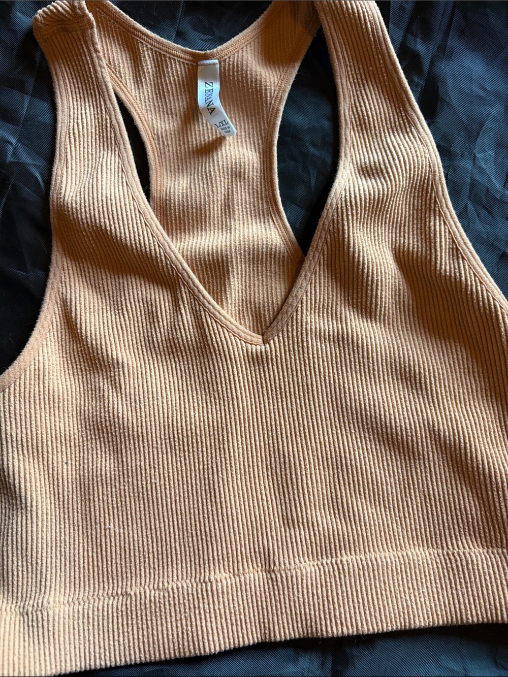 Zenana Outfitters Ribbed V-Neck Crop Tank in Light orange size l/xl